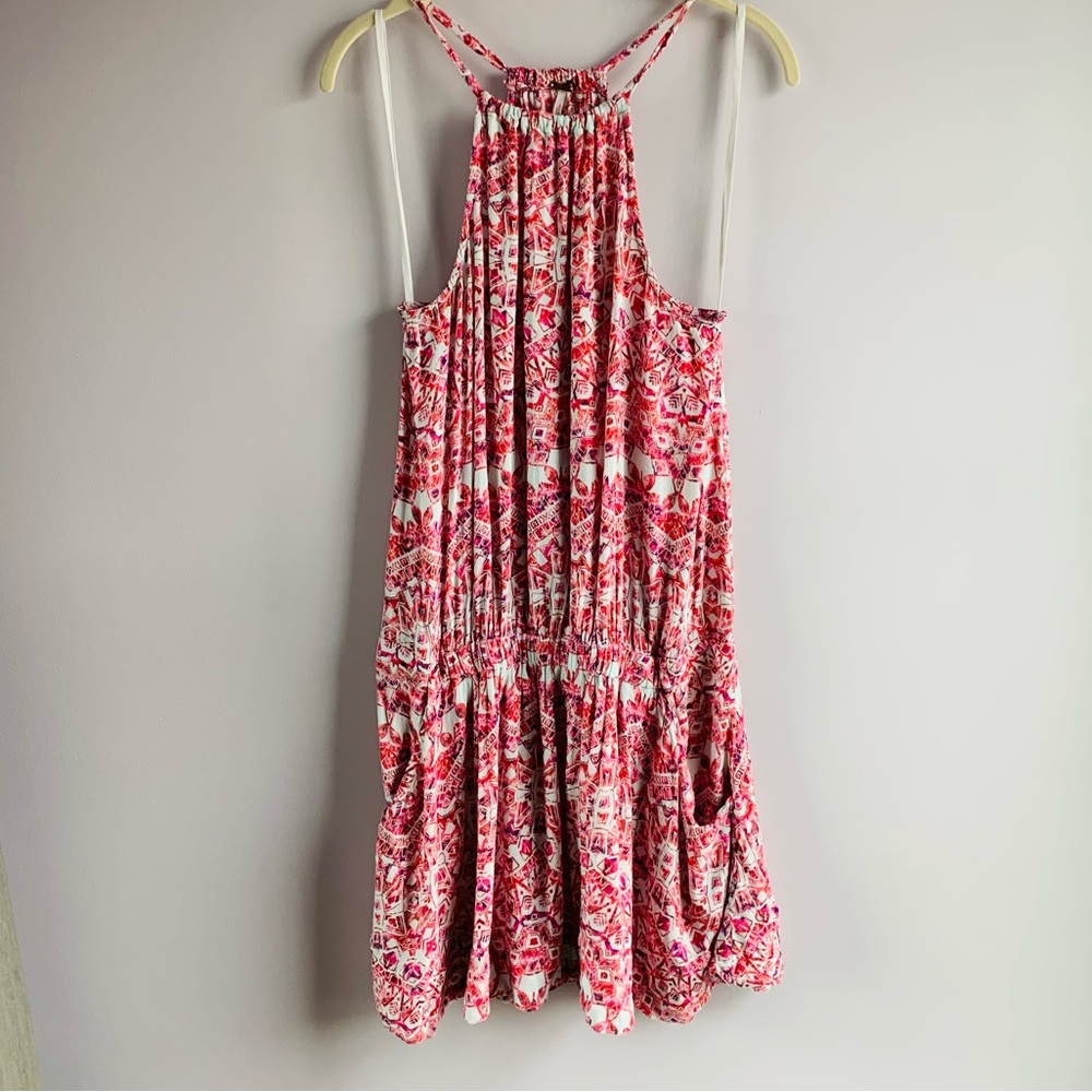 Free People Dress Pink White Geometric Mini Halter Racerback Paisley Boho Small